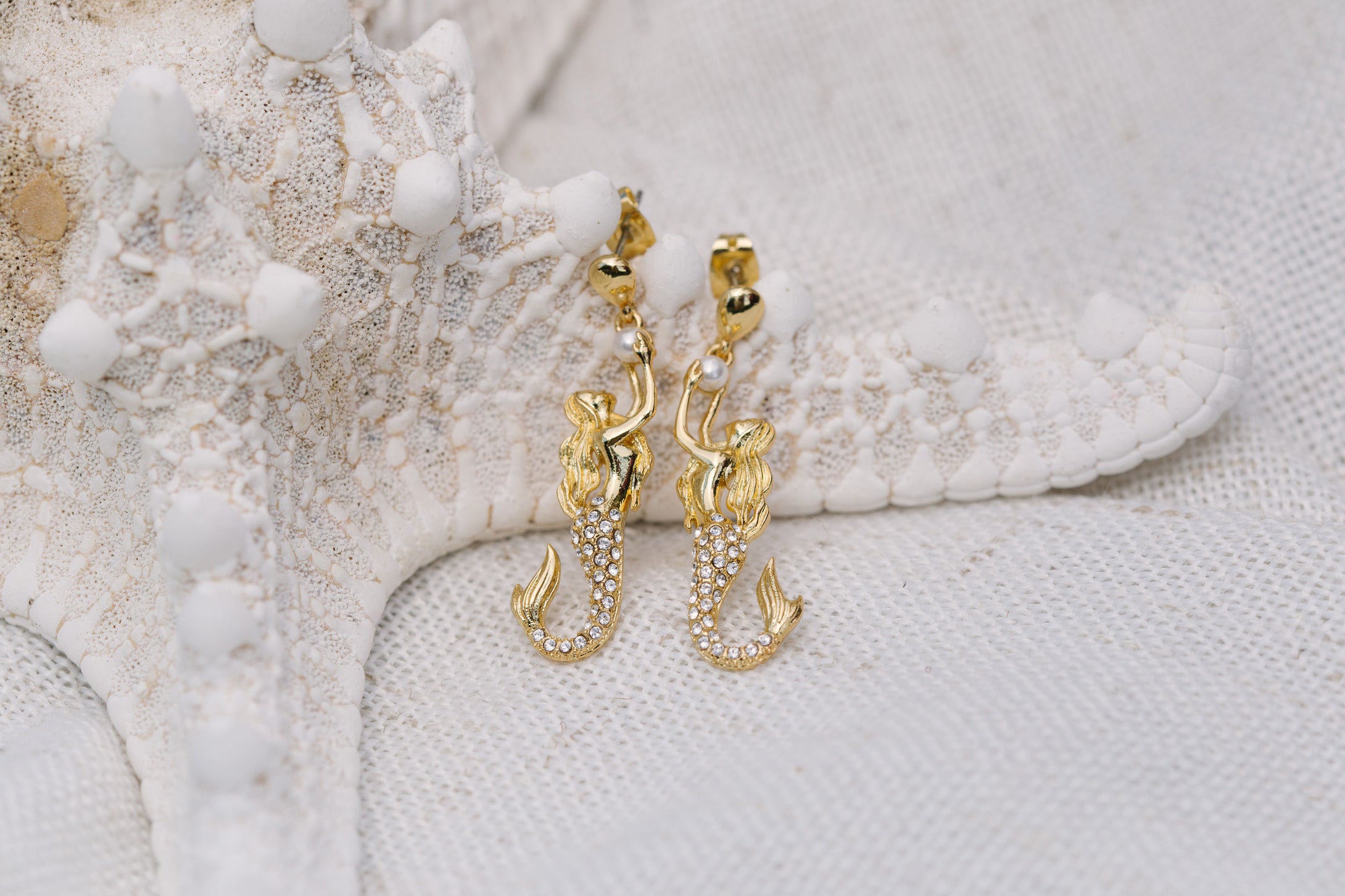 Gold Plated Mermaid Stud Earrings - With Clear Swarowski Crystals